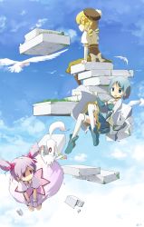 Rule 34 | 10s, 3girls, absurdres, bad id, bad pixiv id, bird, blonde hair, blue eyes, blue hair, bow, cape, day, dress, drill hair, falling, floating, floating object, flying, from behind, gloves, grass, hair bow, hat, highres, kaname madoka, kyubey, magical girl, mahou shoujo madoka magica, mahou shoujo madoka magica (anime), miki sayaka, multiple girls, pink eyes, pink hair, short hair, short twintails, sitting, sky, sunyukun, thighhighs, tomoe mami, twintails