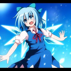 Rule 34 | 1girl, bad id, bad pixiv id, blue dress, blue eyes, blue hair, bow, cirno, do (4-rt), dress, dress shirt, hair bow, letterboxed, matching hair/eyes, open mouth, outstretched arms, shirt, short hair, solo, touhou, wings