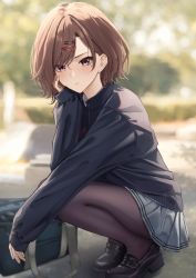 Rule 34 | 1girl, bag, black footwear, black sweater, blurry, blurry background, brown eyes, brown hair, closed mouth, depth of field, drawstring, duffel bag, grey pantyhose, grey skirt, hair ornament, hairclip, hand on own cheek, hand on own face, hand up, highres, higuchi madoka, idolmaster, idolmaster shiny colors, loafers, long sleeves, looking at viewer, marinesnow, miniskirt, mole, mole under eye, non-web source, outdoors, pantyhose, parted lips, pleated skirt, shoes, short hair, skirt, solo, squatting, sweater, v-shaped eyebrows
