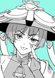 Rule 34 | 1boy, :p, absurdres, akanbe, aqua background, covered collarbone, eyelid pull, genshin impact, hand up, hat, highres, japanese clothes, jingasa, looking at viewer, male focus, portrait, sake goroke, scaramouche (genshin impact), short hair, simple background, tassel, tongue, tongue out, vest