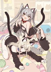 Rule 34 | 2girls, amatsukaze (kancolle), animal ears, bare shoulders, blonde hair, blush, breasts, brown eyes, cat, cat ears, cat tail, collarbone, grey eyes, grey hair, highres, kantai collection, long hair, long sleeves, looking at viewer, multiple girls, open mouth, shimakaze (kancolle), small breasts, tail, takanashi kei (hitsujikan), thighhighs, thighs, two side up