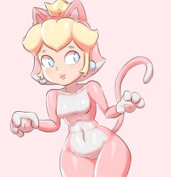 Rule 34 | 1girl, absurdres, animal costume, animal ears, animal hands, blonde hair, blue eyes, breasts, cameltoe, cat costume, cat ears, cat peach, cat tail, claw pose, closed mouth, covered navel, crown, earrings, eyelashes, fake animal ears, gloves, highres, jewelry, lickagoat, lips, looking to the side, mario (series), nintendo, paw gloves, pink background, pink lips, princess peach, small breasts, smile, smirk, solo, sphere earrings, super mario 3d world, tail, white gloves