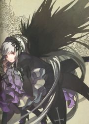 Rule 34 | 00s, absurdres, albino, dress, flower, high heels, highres, looking at viewer, pink eyes, rozen maiden, scan, shoes, solo, suigintou, wada arco, white hair, wings
