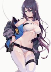 Rule 34 | 1girl, bandeau, bare shoulders, belt, belt pouch, black choker, black jacket, blue eyes, breasts, choker, clothing cutout, groin, hair between eyes, hand on own hip, highres, icomochi, jacket, long hair, looking at viewer, medium breasts, midriff, navel, off shoulder, open clothes, open jacket, original, pouch, purple hair, simple background, smile, solo, stomach, strapless, thigh cutout, thigh strap, thighs, tube top, underboob, underboob cutout, white background