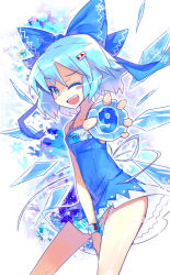Rule 34 | circled 9, 1girl, ;d, bad id, bad pixiv id, blue eyes, blue hair, blush stickers, cirno, dress, female focus, hair ornament, holding, ice, ice wings, matching hair/eyes, name tag, no panties, one eye closed, open mouth, short hair, smile, solo, touhou, wings, wink, wrist cuffs, yui (niikyouzou)