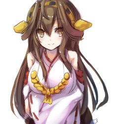 Rule 34 | 10s, 1girl, bad id, bad pixiv id, blush, breasts, brown eyes, brown hair, detached sleeves, fumatake, kantai collection, kongou (kancolle), large breasts, long hair, looking at viewer, simple background, smile, solo, white background