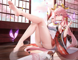 Rule 34 | 1girl, absurdres, animal ears, ass, bare legs, bare shoulders, barefoot, breasts, bug, butterfly, cherry blossoms, cleavage, feet, floppy ears, fox ears, genshin impact, highres, indoors, insect, japanese clothes, large breasts, long hair, looking at viewer, nontraditional miko, panties, petals, pink hair, purple eyes, qyan, sideboob, sitting, soles, thighs, toes, underwear, very long hair, wooden floor, yae miko