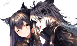 Rule 34 | 2girls, animal ear fluff, animal ears, arknights, black gloves, black hair, blush, brown eyes, fingerless gloves, gloves, grey eyes, hair between eyes, hair ornament, hairclip, high collar, highres, jacket, lappland (arknights), long hair, long sleeves, looking at another, looking at viewer, multiple girls, one eye closed, open mouth, profile, scar, scar across eye, scar on face, silver hair, texas (arknights), tongue, tongue out, upper body, white background, wsman