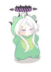 Rule 34 | 1girl, ahoge, alternate costume, animal costume, blue archive, blush stickers, chibi, commentary request, demon girl, demon horns, frog costume, full body, hair ornament, hairclip, halo, hand on own hip, highres, hina (blue archive), horns, long hair, long sleeves, looking at viewer, pajamas, parted bangs, puffy cheeks, purple eyes, sidelocks, simple background, solo, standing, white background, white hair, yosik