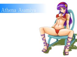 Rule 34 | 1girl, armband, asamiya athena, bikini, breasts, cameltoe, chair, covered erect nipples, hairband, highres, jewelry, large breasts, long hair, navel, necklace, purple eyes, purple hair, smile, snk, solo, spread legs, string bikini, swimsuit, the king of fighters, tsumitani daisuke, wallpaper
