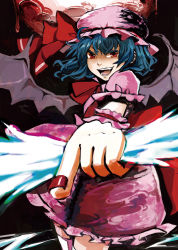 Rule 34 | 1girl, bad id, bad pixiv id, bat wings, blue hair, foreshortening, hat, moon, open mouth, red eyes, red moon, remilia scarlet, ribbon, short hair, smile, solo, syn, touhou, wings