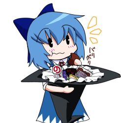 Rule 34 | 1girl, :t, blue hair, bow, candy, chibi, circled 9, cirno, cookie, eating, embodiment of scarlet devil, food, hair bow, hat, short hair, simple background, solo, sugina fujitaka, touhou, wavy mouth, witch hat