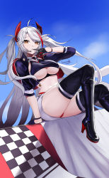 Rule 34 | 1girl, absurdres, azur lane, belt, black gloves, boots, breasts, checkered flag, clothing cutout, cropped shirt, earpiece, finger to mouth, flag, gloves, gmomotdly, half gloves, headgear, high heel boots, high heels, highres, holding, holding flag, jacket, large breasts, looking at viewer, miniskirt, multicolored hair, official alternate costume, open clothes, open jacket, orange eyes, panties, panty straps, prinz eugen (azur lane), prinz eugen (final lap) (azur lane), purple jacket, race queen, red hair, red panties, short sleeves, sitting, skindentation, skirt, solo, streaked hair, thigh boots, thighhighs, two-tone hair, underboob, underboob cutout, underwear, white belt, white hair, white skirt, zipper