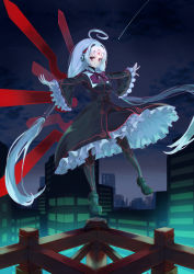 Rule 34 | 1girl, ahoge, black dress, black pantyhose, bow, building, city, closed mouth, cloud, cloudy sky, construction, detached wings, dress, falling star, forehead jewel, frilled dress, frilled sleeves, frills, full body, gem, hair tubes, hairband, highres, huge ahoge, long hair, long sleeves, looking at viewer, low twintails, multiple wings, neon trim, night, night sky, online neet, outdoors, pantyhose, red bow, red eyes, red neckwear, sky, solo, star (sky), twintails, under night in-birth, vatista, very long hair, white hair, wide sleeves, wings