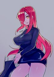 Rule 34 | 184nx, 1girl, breasts, grey background, hair over one eye, highres, holding, holding umbrella, krieg (skullgirls), large breasts, long hair, parasoul (skullgirls), parted lips, red hair, skirt, skullgirls, smile, solo, sweater, thick thighs, thighs, turtleneck, turtleneck sweater, umbrella, yellow eyes