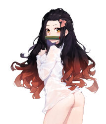 Rule 34 | 1girl, absurdres, ass, bamboo, bit gag, black hair, bottomless, bow, breasts, brown eyes, cowboy shot, de yi, from side, gag, hair bow, highres, kamado nezuko, kimetsu no yaiba, long hair, long sleeves, looking at viewer, looking to the side, medium breasts, multicolored hair, naked shirt, red hair, see-through, shirt, sidelocks, simple background, solo, standing, two-tone hair, variant set, wet, wet clothes, wet shirt, white background, white shirt