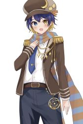 Rule 34 | 1boy, androgynous, blonde hair, blue eyes, blue hair, blush, brown coat, brown hat, coat, cozopro, hat, heterochromia, highres, hoshiwatari yumaru, iriam, long sleeves, male focus, multicolored hair, official art, onabe no shime, open mouth, scarf, short hair, simple background, solo, striped clothes, striped scarf, virtual youtuber, white background, yellow eyes