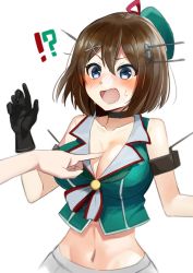 Rule 34 | !?, 1girl, 1other, absurdres, beret, black gloves, blue eyes, blush, breast poke, breasts, brown hair, cleavage, commentary request, gloves, green headwear, hair ornament, hairclip, hat, hat ribbon, headgear, highres, kantai collection, large breasts, maya (kancolle), midriff, mini hat, nose blush, one-hour drawing challenge, open mouth, pleated skirt, poking, red ribbon, ribbon, school uniform, serafuku, short hair, simple background, skirt, sleeveless, solo focus, toriniku senshi chikinman, white background, x hair ornament