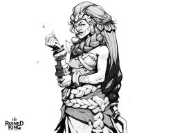 Rule 34 | 1girl, bare shoulders, bracelet, breasts, character request, closed mouth, clothing request, copyright name, greyscale, hair ornament, hand up, hicham habchi, highres, jewelry, league of legends, long earlobes, long hair, looking at viewer, medium breasts, monochrome, no pupils, official art, rope, ruined king: a league of legends story, solo, strapless, very long hair, white background, wrinkled skin