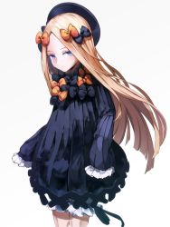 Rule 34 | 1girl, abigail williams (fate), bbci, black bow, black dress, black hat, blonde hair, bloomers, blue eyes, bow, bug, butterfly, closed mouth, commentary request, cowboy shot, dress, fate/grand order, fate (series), forehead, grey background, hair bow, hat, highres, insect, long hair, long sleeves, looking at viewer, orange bow, parted bangs, polka dot, polka dot bow, simple background, sleeves past fingers, sleeves past wrists, solo, standing, underwear, very long hair, white bloomers