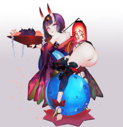 Rule 34 | 1girl, ankle ribbon, ass, bare shoulders, barefoot sandals (jewelry), blush, bob cut, breasts, eyeliner, fate/grand order, fate (series), feet, food, fruit, fruit bowl, gourd, gradient background, grapes, grey background, headpiece, horns, japanese clothes, kimono, lantern, leg ribbon, legs, long sleeves, looking at viewer, looking back, makeup, obi, off shoulder, oni, paper lantern, parted lips, peach, purple eyes, purple hair, purple kimono, red ribbon, revealing clothes, ribbon, sash, short eyebrows, short hair, short kimono, shuten douji (fate), skin-covered horns, small breasts, smile, soles, wide sleeves, yaku (ziroken)