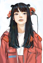 Rule 34 | 1girl, black hair, cable, head back, highres, jacket, junjunforever, long hair, looking at viewer, mechanical parts, original, parted lips, pink eyes, shirt, solo, upper body
