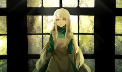 Rule 34 | apron, arms at sides, arms behind back, backlighting, blonde hair, buttoned cuffs, buttons, dark, dress, indoors, kagerou project, kozakura marry, lemontea, long hair, looking at viewer, pale skin, red eyes, sidelocks, sunlight, tree, window