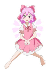 Rule 34 | 1girl, :d, alternate color, barefoot, bow, cato (monocatienus), cirno, commentary, dress, full body, hair bow, heart, heart wings, looking at viewer, neck ribbon, open mouth, own hands together, pinafore dress, pink bow, pink dress, pink eyes, pink hair, puffy short sleeves, puffy sleeves, red ribbon, ribbon, sakura cirno, shirt, short hair, short sleeves, simple background, sleeveless dress, smile, solo, touhou, white background, white shirt, wings