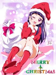 Rule 34 | 1girl, ;d, bad id, bad pixiv id, boots, christmas, convenient leg, fur-trimmed boots, fur trim, hat, highres, izayoi liko, knee boots, long hair, mahou girls precure!, manabu, nii, nii manabu, one eye closed, open mouth, precure, purple eyes, purple hair, red footwear, santa boots, santa hat, skirt, smile, solo