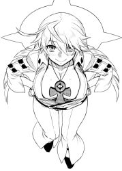 Rule 34 | 1girl, ahoge, ankh, bodysuit, breasts, cleavage, closed mouth, spiked halo, dr.p, gloves, greyscale, guilty gear, guilty gear xrd, halo, jack-o&#039; valentine, long hair, looking at viewer, monochrome, simple background, smile, solo, white background