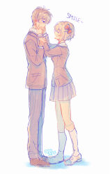 Rule 34 | 1boy, 1girl, :d, ^ ^, bow, brown hair, brown jacket, closed eyes, commentary, doki doki literature club, facing another, fingersmile, from side, hair bow, hands on another&#039;s face, jacket, kneehighs, long sleeves, looking at another, open mouth, pants, pleated skirt, profile, school uniform, short hair, simple background, sketch, skirt, smile, socks, sora (efr), white background, white socks