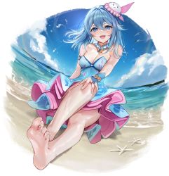 Rule 34 | 1girl, bare shoulders, barefoot, beach, bird, blue eyes, blue hair, blue nails, blue sky, blush, breasts, cbi cbi, cleavage, cloud, commission, crossed legs, day, dorsiflexion, dress, feet, foot focus, foreshortening, hair between eyes, haiyi, hat, highres, long hair, looking at viewer, medium breasts, nail polish, ocean, open mouth, outdoors, sitting, skeb commission, sky, smile, soles, solo, synthesizer v, toenail polish, toenails, toes