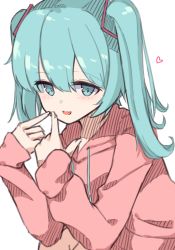 Rule 34 | 1girl, :d, bad id, bad pixiv id, blue eyes, blue hair, blush, commentary request, drawstring, fang, hair between eyes, hands up, hatsune miku, heart, highres, hood, hood down, hoodie, long hair, long sleeves, open mouth, pink hoodie, puffy long sleeves, puffy sleeves, simple background, sleeves past wrists, smile, solo, twintails, vocaloid, white background, yusake san