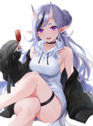 Rule 34 | 1girl, absurdres, alcohol, bare shoulders, black choker, black jacket, blush, breasts, champagne flute, choker, crossed legs, cup, drawstring, dress, drinking glass, hair bun, halter dress, halterneck, highres, hooded dress, horns, invisible chair, jacket, kaguya (srx61800), long hair, looking at viewer, mole, mole under mouth, multicolored hair, nijisanji, no panties, off shoulder, official alternate costume, oni, open mouth, pointy ears, purple eyes, rindou mikoto, short dress, short eyebrows, simple background, single hair bun, sitting, skin-covered horns, sleeves past fingers, sleeves past wrists, smile, solo, streaked hair, swept bangs, thigh strap, thighs, very long hair, virtual youtuber, white background, white dress, wine