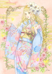 Rule 34 | 1girl, absurdres, blonde hair, blue kimono, bug, butterfly, commentary request, feet out of frame, floral print, flower, green eyes, hair flower, hair ornament, hanasaki taru, highres, hydrangea print, insect, japanese clothes, kimono, leaf, lily (flower), long hair, looking at object, obi, original, painting (medium), picture frame, pink background, pink flower, pink rose, pink trim, plant, print kimono, print sash, red lips, rose, sash, signature, standing, traditional media, vines, watercolor (medium), wavy hair, white flower, wide sleeves, yellow butterfly, yellow sash