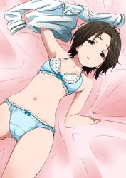Rule 34 | 10s, 1girl, bed sheet, blouse, blue bra, blue panties, bow, bow bra, bow panties, bra, breasts, brown eyes, brown hair, cameltoe, commentary request, crotch seam, frilled bra, frilled panties, frills, from above, girls und panzer, gluteal fold, half-closed eyes, holding, long sleeves, looking at viewer, lying, medium breasts, multicolored bra, multicolored clothes, nekota susumu, on back, on bed, ooarai school uniform, panties, parted bangs, parted lips, polka dot, polka dot bra, sawa azusa, school uniform, serafuku, shirt, short hair, solo, underwear, underwear only, white shirt