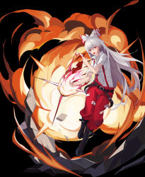 Rule 34 | 1girl, absurdres, belt, black background, black belt, black footwear, boots, bow, breasts, popped collar, collared shirt, commentary, explosion, fire, flaming hand, fujiwara no mokou, full body, hair between eyes, hair bow, highres, long hair, looking at viewer, medium breasts, nail polish, ofuda, open mouth, pants, red eyes, red nails, red pants, shirt, shirt tucked in, short sleeves, silver hair, simple background, solo, straight hair, suspenders, torn clothes, torn shirt, touhou, v-shaped eyebrows, white bow, white shirt, yongzhe mei hong