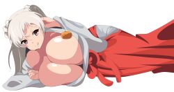 Rule 34 | 1girl, :d, absurdres, alternate breast size, alternate costume, anime coloring, breasts, brown eyes, cleavage, commentary request, conte di cavour (kancolle), food, fruit, grey hair, hakama, hakama skirt, highres, hip vent, huge breasts, japanese clothes, kantai collection, kimono, long hair, lying, mandarin orange, miko, official alternate costume, on side, open mouth, oppai loli, oppai mochi, paipuorugan, red hakama, simple background, skirt, smile, solo, two side up, white background, white kimono, wide sleeves