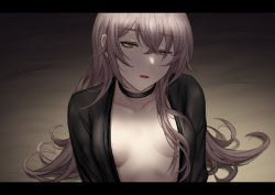 Rule 34 | 1girl, black choker, breasts, brown eyes, brown hair, chinese commentary, choker, cleavage, collarbone, commentary, commentary request, crossed bangs, girls&#039; frontline, hair over breasts, hair over one breast, highres, letterboxed, long hair, long sleeves, looking at viewer, mixed-language commentary, one eye closed, parted lips, scar, scar across eye, selcky, small breasts, solo, ump45 (girls&#039; frontline), upper body