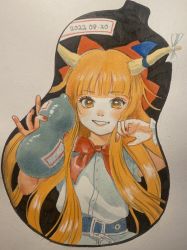 Rule 34 | 1girl, belt, blunt bangs, blush, bow, colored pencil (medium), cropped torso, hair bow, hands up, highres, holding gourd, horn ornament, horn ribbon, horns, ibuki suika, long hair, looking at viewer, nagi milk, nail polish, one-hour drawing challenge, orange hair, red bow, red nails, ribbon, shikishi, shirt, simple background, sleeveless, sleeveless shirt, touhou, traditional media, upper body, white background, white shirt