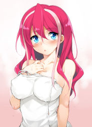 Rule 34 | 1girl, aburidashi zakuro, apron, bare shoulders, blue eyes, blush, breasts, chestnut mouth, cleavage, collarbone, covered erect nipples, female focus, gradient background, hand on own chest, hiiragi yuzu, impossible clothes, large breasts, long hair, looking at viewer, multicolored hair, naked apron, naked towel, pink hair, solo, sweat, towel, two-tone hair, upper body, wet, yu-gi-oh!, yu-gi-oh! arc-v