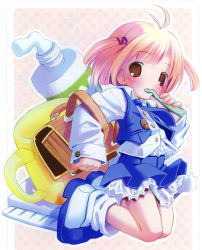 Rule 34 | 00s, 1girl, backpack, bag, blush, brushing teeth, child, highres, pop, solo, toothbrush, toothpaste