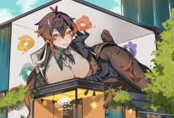 Rule 34 | 1girl, absurdres, black gloves, blush, breasts, brown hair, building, collared shirt, commentary request, contemporary, crow 3434, formal, genderswap, genderswap (mtf), genshin impact, giant, giantess, gloves, gradient hair, hair between eyes, highres, jacket, large breasts, long hair, long sleeves, looking at viewer, lying, multicolored hair, necktie, on side, open mouth, orange hair, ponytail, shirt, smile, solo, suit, white necktie, yellow eyes, zhongli (genshin impact)