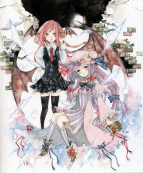 2girls bad_id bad_pixiv_id bat_(animal) bat_wings black_thighhighs book embodiment_of_scarlet_devil female_focus head_wings koakuma long_hair multiple_girls painting_(medium) patchouli_knowledge pinkxxxna purple_hair red_hair thighhighs touhou traditional_media watercolor_(medium) wings zettai_ryouiki