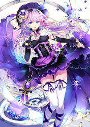 Rule 34 | 1girl, black sleeves, blue eyes, blue headwear, breasts, bridal gauntlets, bustier, choker, cleavage, collar, detached sleeves, earrings, floating hair, gradient skirt, highres, jewelry, layered skirt, long hair, long sleeves, medium breasts, megurine luka, miniskirt, neck ribbon, open mouth, pink hair, purple ribbon, purple skirt, ribbon, skirt, solo, standing, thighhighs, very long hair, vocaloid, white thighhighs, yuuki kira, zettai ryouiki