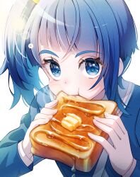 Rule 34 | 1girl, blue eyes, blue hair, blue shirt, bread slice, butter, eating, food, hirogaru sky! precure, holding, holding food, long hair, long sleeves, looking at viewer, maple syrup, osarutukamaeru, precure, shirt, side ponytail, simple background, solo, sora harewataru, syrup, toast, white background