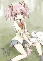Rule 34 | 1girl, bare legs, black skirt, black socks, blush, closed mouth, collared shirt, commentary request, creature, dot nose, feet out of frame, flat chest, gradient background, grey background, hair between eyes, hair ribbon, hands on own leg, happy, kaname madoka, kyubey, long sleeves, looking at viewer, mahou shoujo madoka magica, mahou shoujo madoka magica (anime), neck ribbon, pink eyes, pink hair, red ribbon, ribbon, school uniform, shirt, short twintails, sidelocks, signature, simple background, sitting, skirt, sleeping, sleeping on person, smile, socks, solo, spread legs, taniguchi jun&#039;ichirou, thighs, twintails, uniform