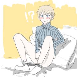 Rule 34 | !?, 10s, 1girl, bed, blonde hair, blue eyes, blush, brave witches, clothes pull, collared shirt, covering privates, covering crotch, crotch seam, embarrassed, fur trim, knees apart feet together, legs apart, messy hair, military, military uniform, nigatsu (fevrali), nikka edvardine katajainen, pantyhose, pantyhose pull, unworn pantyhose, pillow, ribbed sweater, shirt, short hair, simple background, solo, spread legs, strike witches, sweat, sweatdrop, sweater, uniform, white pantyhose, wide-eyed, world witches series, yellow background