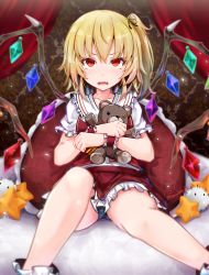Rule 34 | 1girl, absurdres, baileys (tranquillity650), blonde hair, blue panties, crystal, dress, fang, flandre scarlet, hair ribbon, highres, holding, holding stuffed toy, legs, looking at viewer, no headwear, open mouth, panties, pantyshot, puffy short sleeves, puffy sleeves, red dress, red eyes, ribbon, short hair, short sleeves, side ponytail, sitting, solo, stuffed animal, stuffed toy, teddy bear, teeth, touhou, underwear, upper teeth only, wings, wrist cuffs