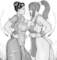 Rule 34 | 2girls, breast press, breasts, capcom, capcom vs snk, chun-li, cleavage, crossover, erodrunky, fatal fury, female focus, large breasts, long hair, multiple girls, shiranui mai, street fighter, street fighter 6, torn clothes